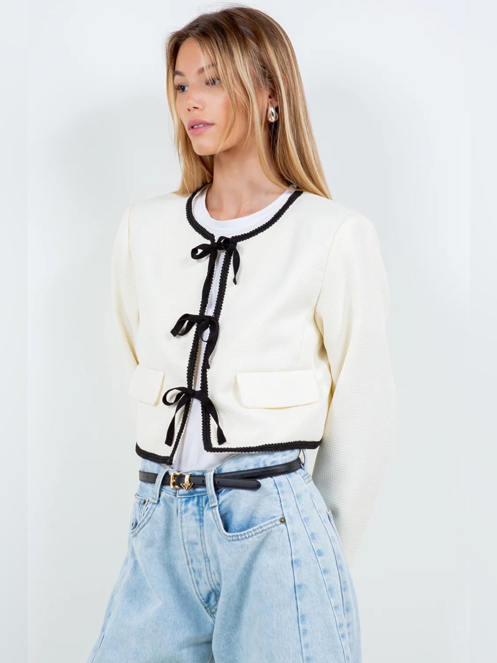 WHITEROOM+CACTUS STRUCTURED WOVEN JACKET WITH CONTRAST RIBBON TIES - IVORY